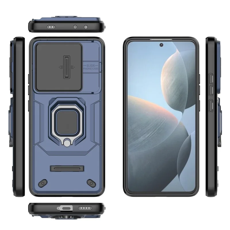 For Xiaomi Redmi K70E 5G / Poco X6 Pro 5G Cover Slide Lens Lid PC+TPU Shockproof Cell Phone Case with Kickstand - Blue