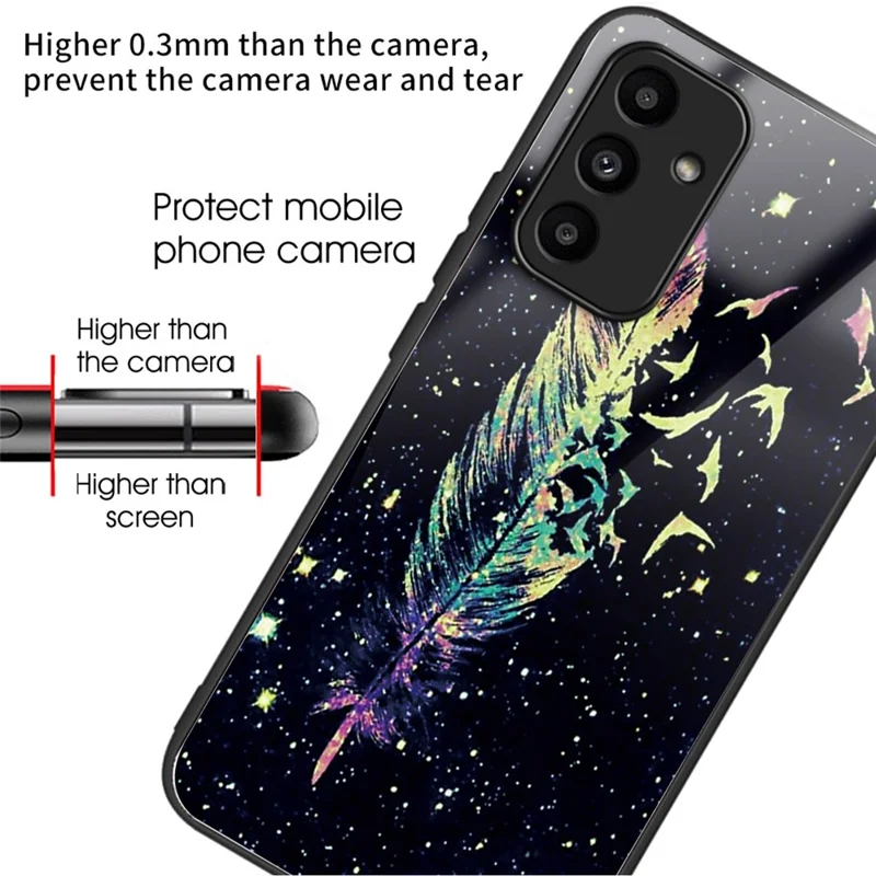 For Samsung Galaxy A15 4G / 5G Phone Case Pattern Printing Tempered Glass Cover - Feather