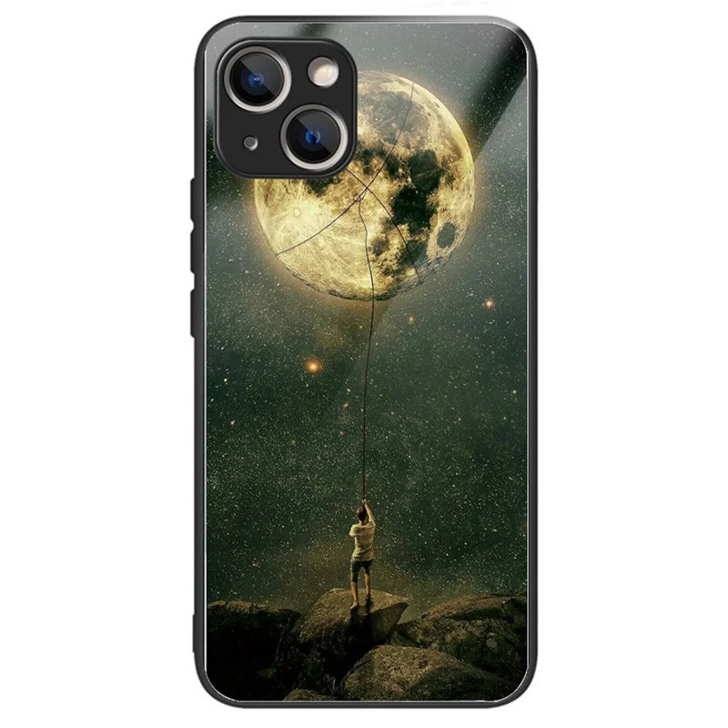 Tempered Glass+TPU Case for iPhone 15 Phone Cover Pattern Printing - Man and Moon