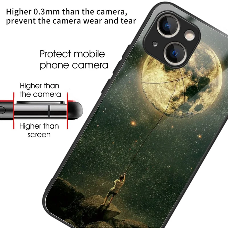 Tempered Glass+TPU Case for iPhone 15 Phone Cover Pattern Printing - Man and Moon