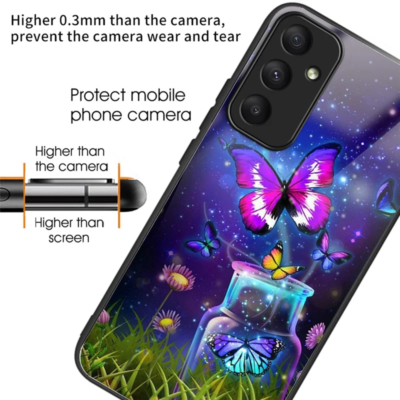 For Samsung Galaxy A35 5G Case Anti-fall TPU+Tempered Glass Pattern Printing Phone Back Cover - Bottle / Butterfly