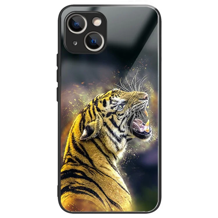 Чехол для iPhone 15 Anti-dust TPU+Tempered Glass Pattern Printing Phone Case - Рычащий тигр