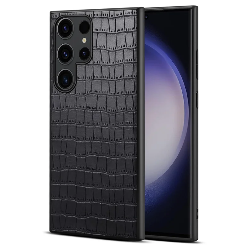 For Samsung Galaxy S23 Ultra Cell Phone Case PU+PC+TPU Shell Crocodile Textured Cover - Black