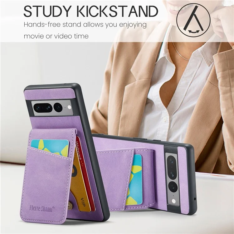 FIERRE SHANN For Google Pixel 7 Pro 5G RFID Blocking Cell Phone Case Card Slots PU+TPU Cover - Purple