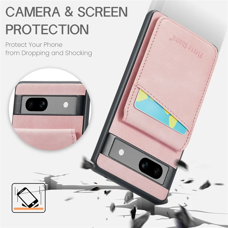 FIERRE SHANN For Google Pixel 7a Case RFID Blocking Card Slots PU+TPU Mobile Phone Cover - Pink
