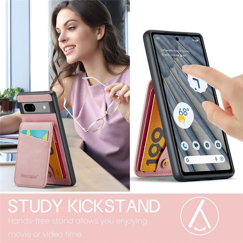 FIERRE SHANN For Google Pixel 7a Case RFID Blocking Card Slots PU+TPU Mobile Phone Cover - Pink