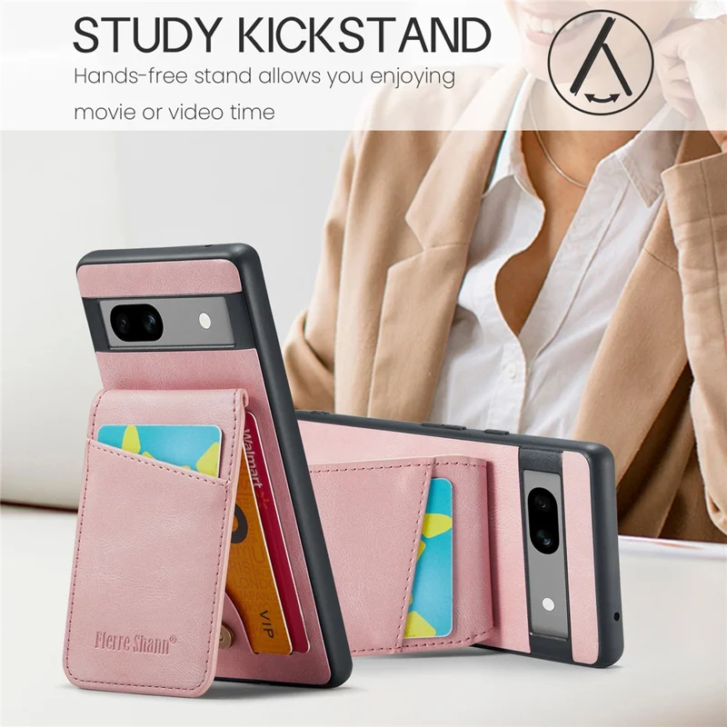 FIERRE SHANN For Google Pixel 7a Case RFID Blocking Card Slots PU+TPU Mobile Phone Cover - Pink