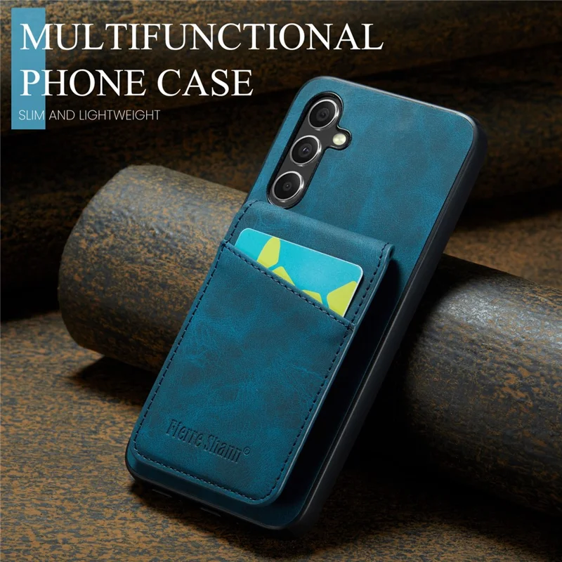 FIERRE SHANN For Samsung Galaxy S23 FE Cell Phone Case Card Slots Anti-collision PU+TPU Cover - Blue