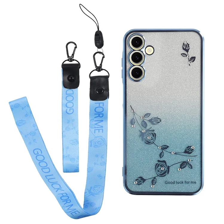 KADEM Pour Samsung Galaxy A25 5G (Global) (161,0 x 76,5 x 8,3 mm) Couvercle Motif Fleur Paillettes TPU Étui Téléphone Portable avec Sangle - Bleu