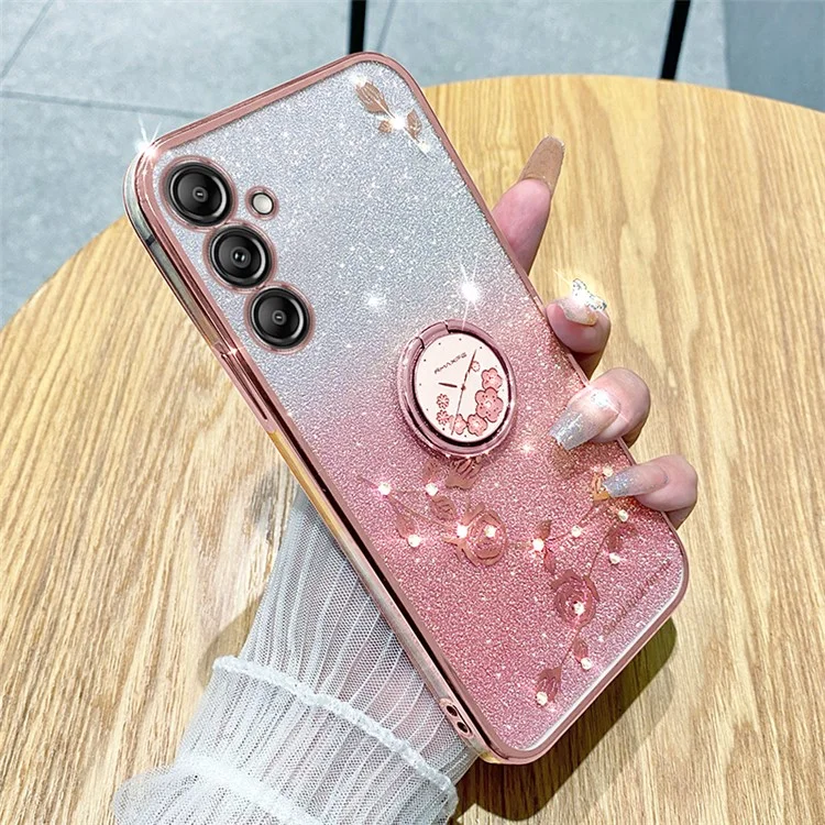 KADEM para Samsung Galaxy A15 4G / 5G Funda Rhinestone Flower Finger Ring Kickstand TPU Phone Cover - Rose Gold