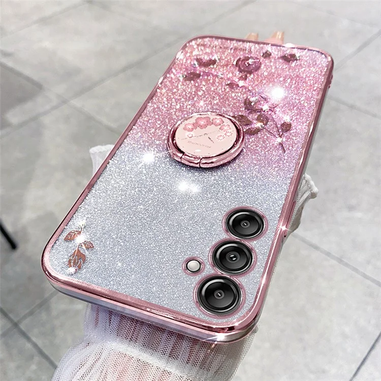 KADEM para Samsung Galaxy A15 4G / 5G Funda Rhinestone Flower Finger Ring Kickstand TPU Phone Cover - Rose Gold