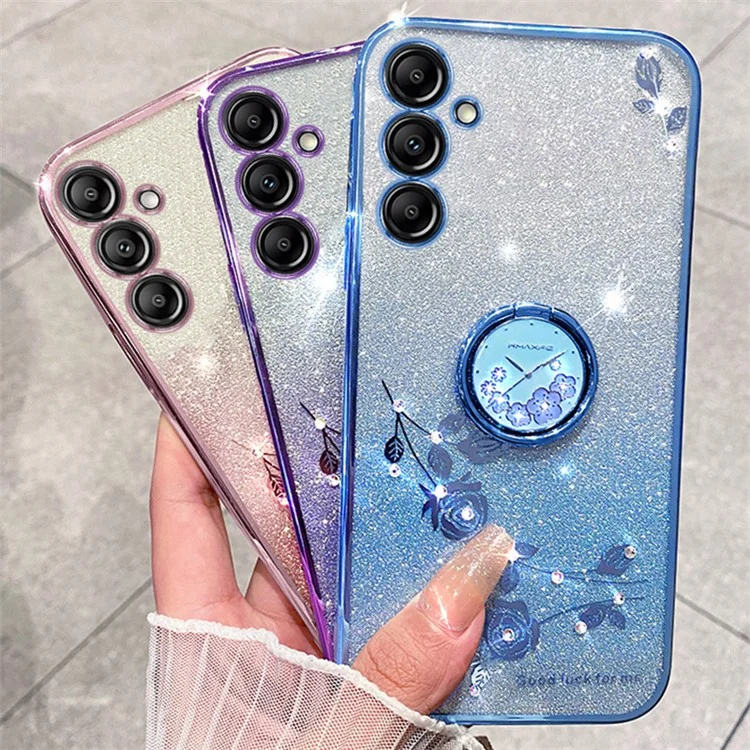 KADEM para Samsung Galaxy A15 4G / 5G Funda Rhinestone Flower Finger Ring Kickstand TPU Phone Cover - Rose Gold