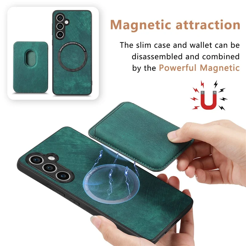 For Samsung Galaxy S23 FE Magnetic Case Leather Back Cover with Detachable Card Holder - Green