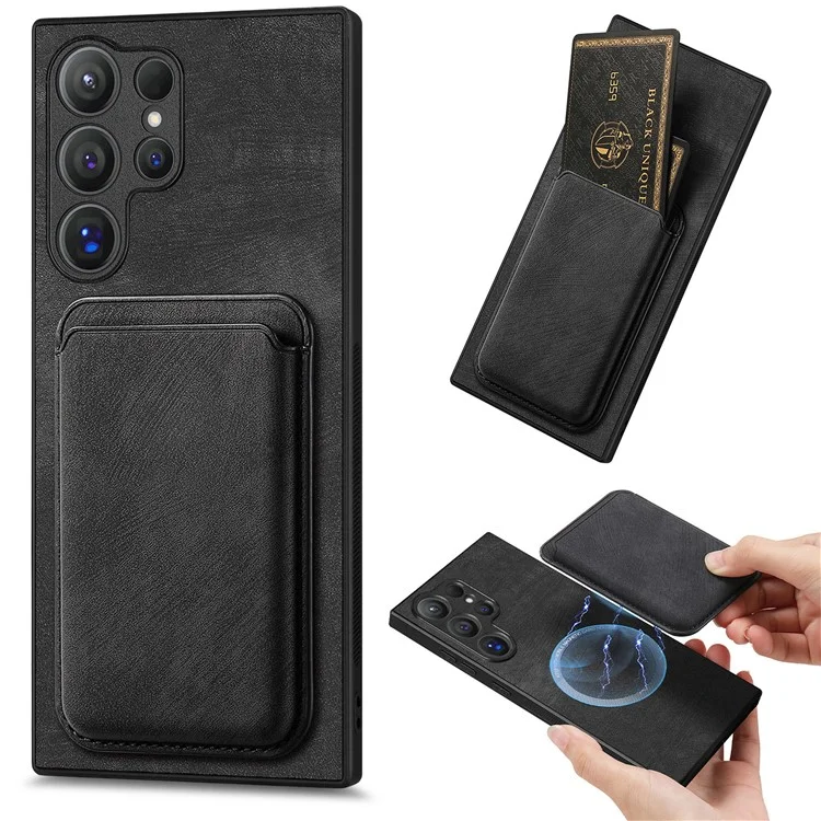 For Samsung Galaxy S24 Ultra Case Compatible with MagSafe Leather Back Cover with Detachable Card Holder - Black