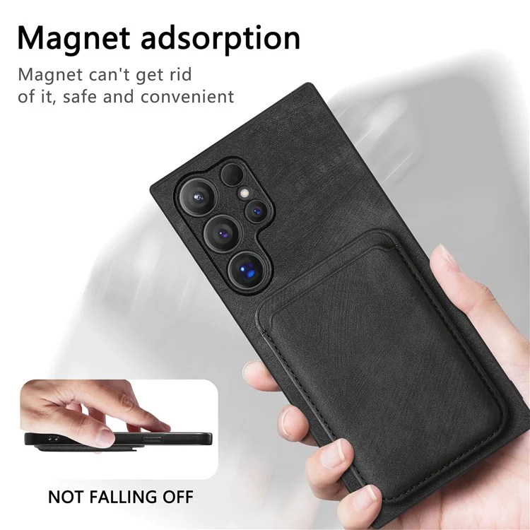 For Samsung Galaxy S24 Ultra Case Compatible with MagSafe Leather Back Cover with Detachable Card Holder - Black
