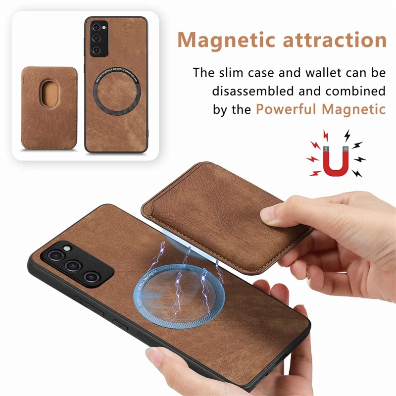 For Samsung Galaxy S20 Lite / S20 FE / S20 FE 5G / S20 FE 2022 Magnetic Case Leather Back Cover with Detachable Card Holder - Brown