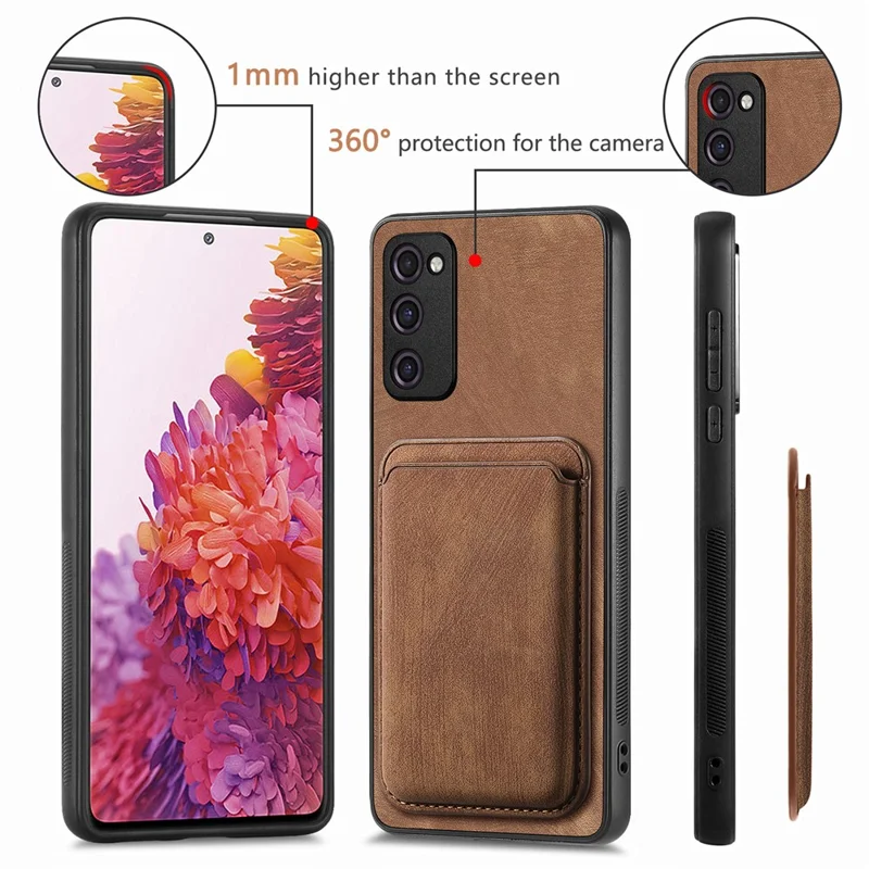 For Samsung Galaxy S20 Lite / S20 FE / S20 FE 5G / S20 FE 2022 Magnetic Case Leather Back Cover with Detachable Card Holder - Brown