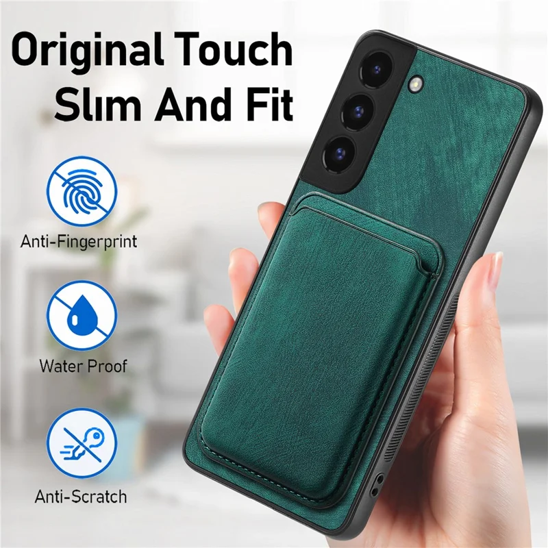 For Samsung Galaxy S22 5G Magnetic Case Leather Back Cover with Detachable Card Holder - Green