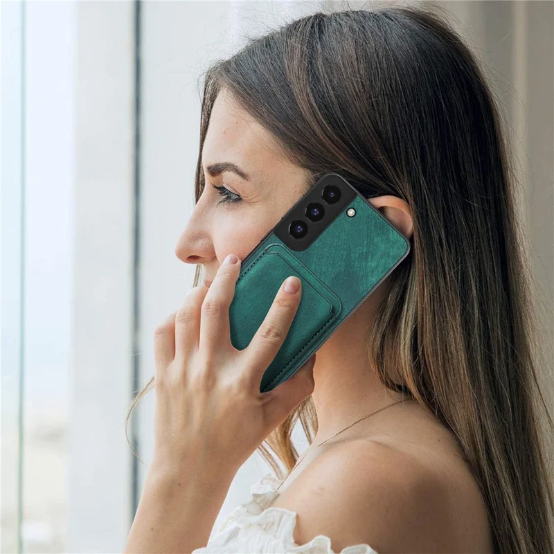 For Samsung Galaxy S22 5G Magnetic Case Leather Back Cover with Detachable Card Holder - Green