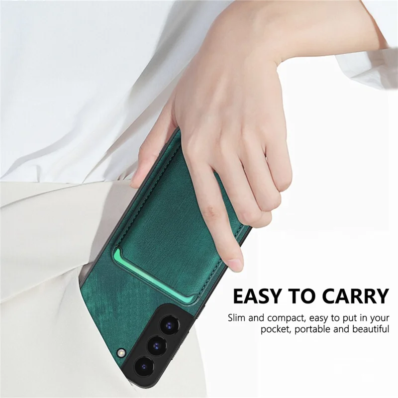 For Samsung Galaxy S22 5G Magnetic Case Leather Back Cover with Detachable Card Holder - Green