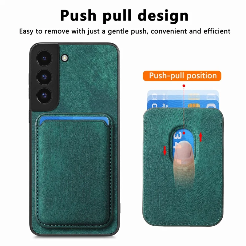 For Samsung Galaxy S22 5G Magnetic Case Leather Back Cover with Detachable Card Holder - Green