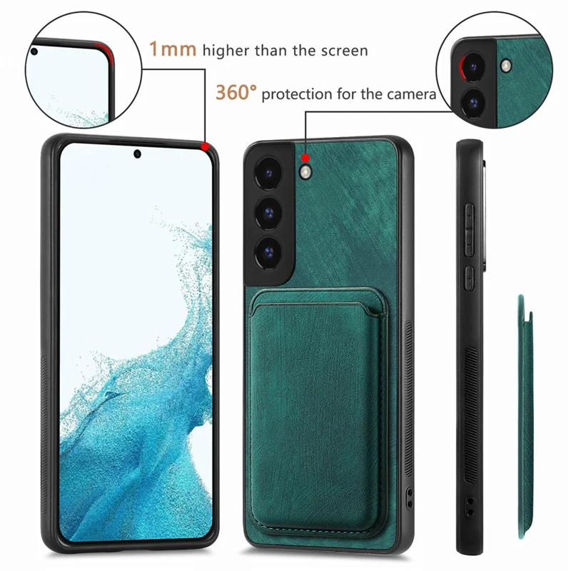 For Samsung Galaxy S22 5G Magnetic Case Leather Back Cover with Detachable Card Holder - Green