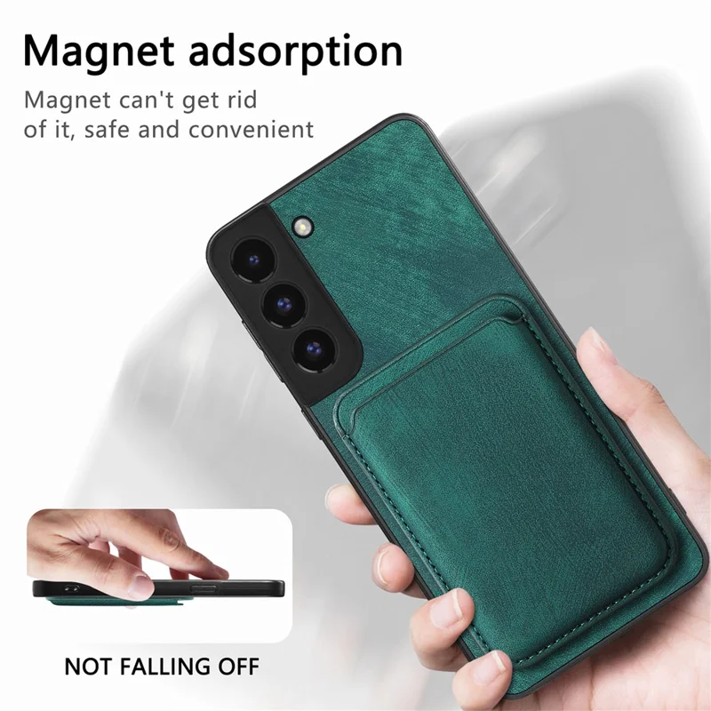 For Samsung Galaxy S22 5G Magnetic Case Leather Back Cover with Detachable Card Holder - Green