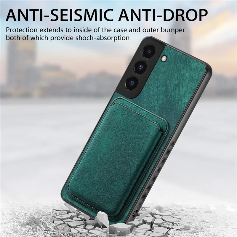 For Samsung Galaxy S22 5G Magnetic Case Leather Back Cover with Detachable Card Holder - Green