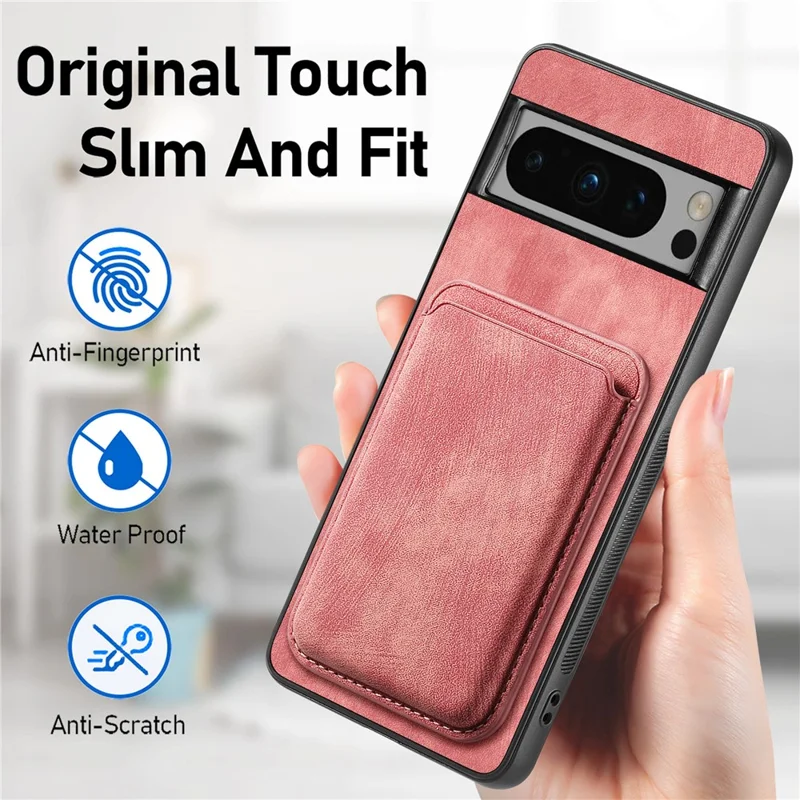 For Google Pixel 8 Pro Magnetic Case Leather Back Cover with Detachable Card Holder - Pink