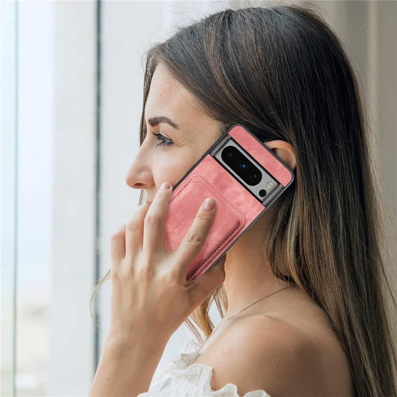 For Google Pixel 8 Pro Magnetic Case Leather Back Cover with Detachable Card Holder - Pink