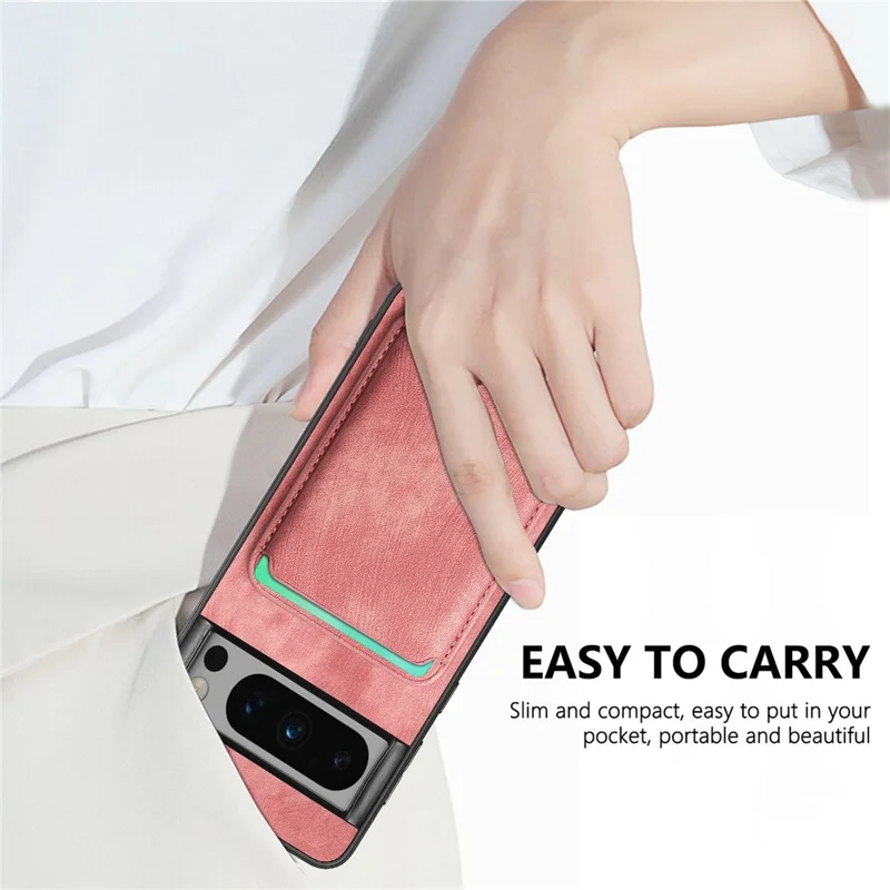 For Google Pixel 8 Pro Magnetic Case Leather Back Cover with Detachable Card Holder - Pink