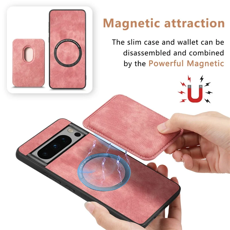 For Google Pixel 8 Pro Magnetic Case Leather Back Cover with Detachable Card Holder - Pink