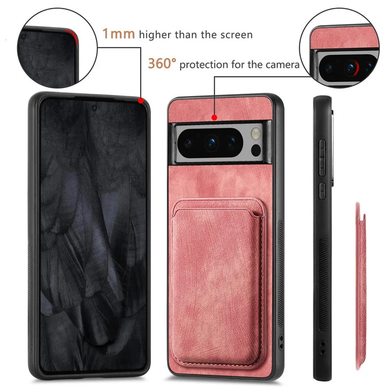 For Google Pixel 8 Pro Magnetic Case Leather Back Cover with Detachable Card Holder - Pink