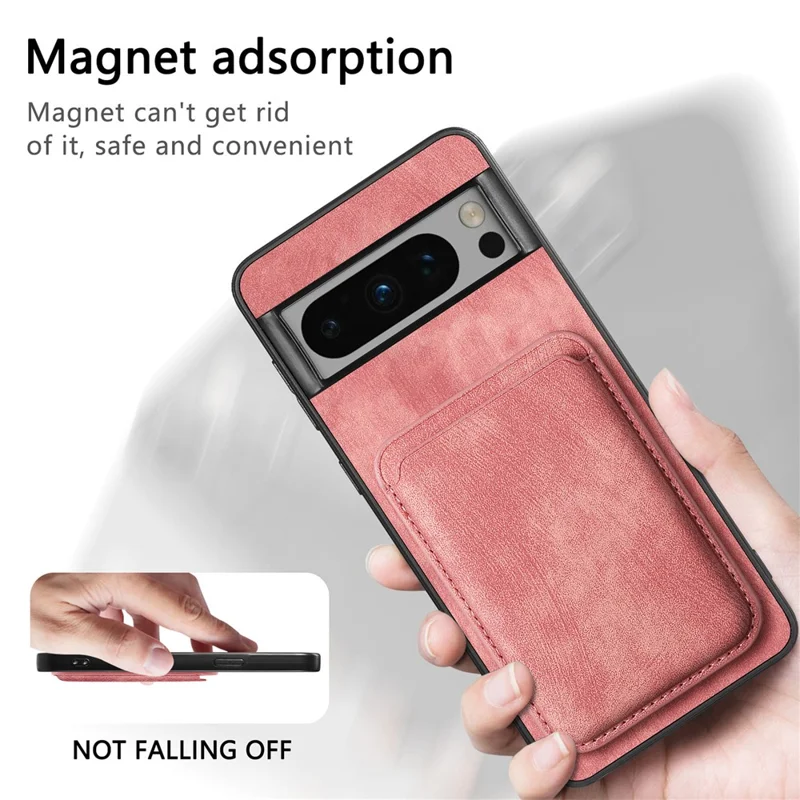 For Google Pixel 8 Pro Magnetic Case Leather Back Cover with Detachable Card Holder - Pink