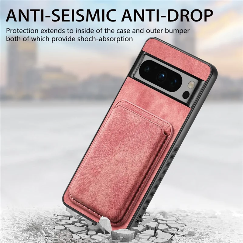 For Google Pixel 8 Pro Magnetic Case Leather Back Cover with Detachable Card Holder - Pink