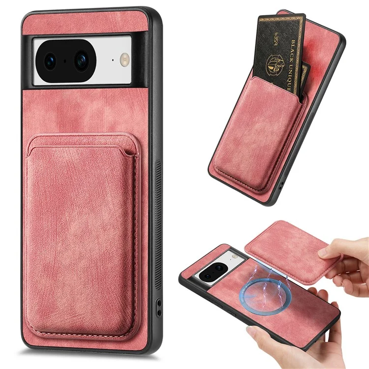 For Google Pixel 8 Anti-Scratch Case Compatible with MagSafe Leather Back Cover with Detachable Card Holder - Pink
