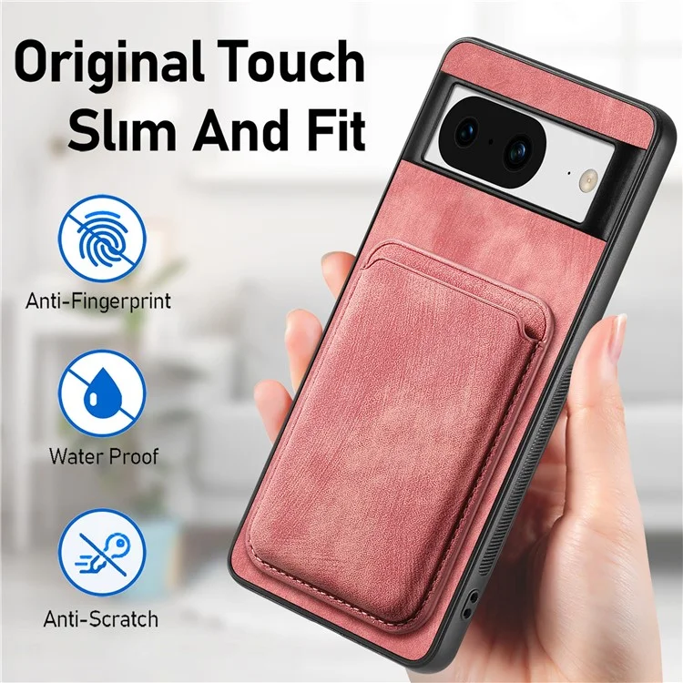 For Google Pixel 8 Anti-Scratch Case Compatible with MagSafe Leather Back Cover with Detachable Card Holder - Pink