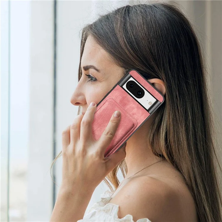 For Google Pixel 8 Anti-Scratch Case Compatible with MagSafe Leather Back Cover with Detachable Card Holder - Pink