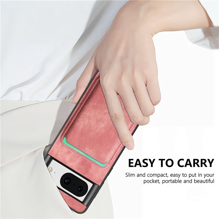 For Google Pixel 8 Anti-Scratch Case Compatible with MagSafe Leather Back Cover with Detachable Card Holder - Pink