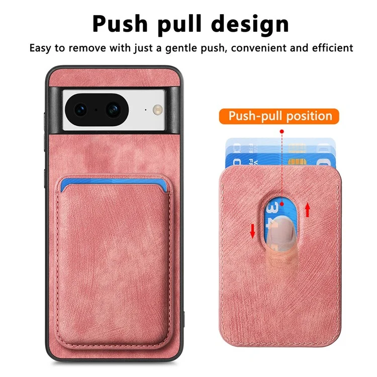 For Google Pixel 8 Anti-Scratch Case Compatible with MagSafe Leather Back Cover with Detachable Card Holder - Pink