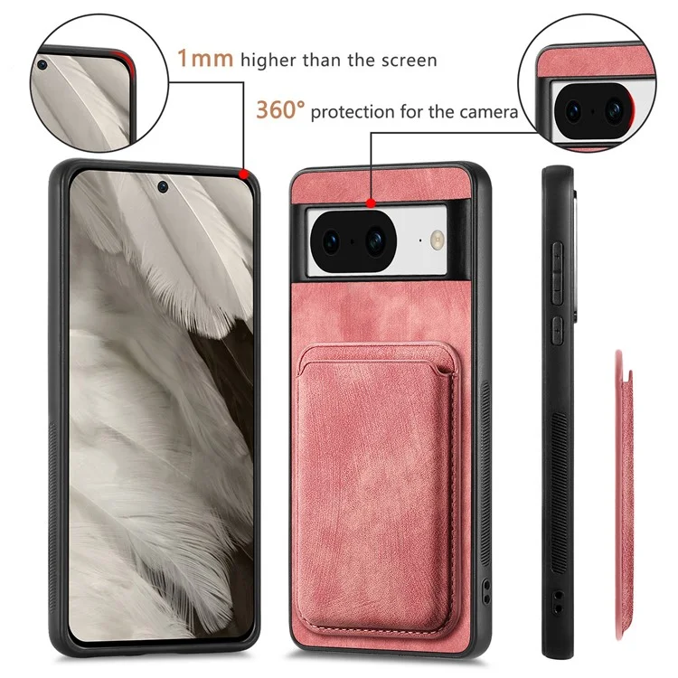 For Google Pixel 8 Anti-Scratch Case Compatible with MagSafe Leather Back Cover with Detachable Card Holder - Pink