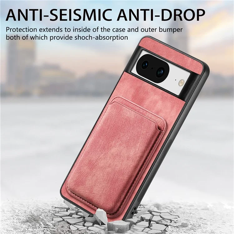 For Google Pixel 8 Anti-Scratch Case Compatible with MagSafe Leather Back Cover with Detachable Card Holder - Pink