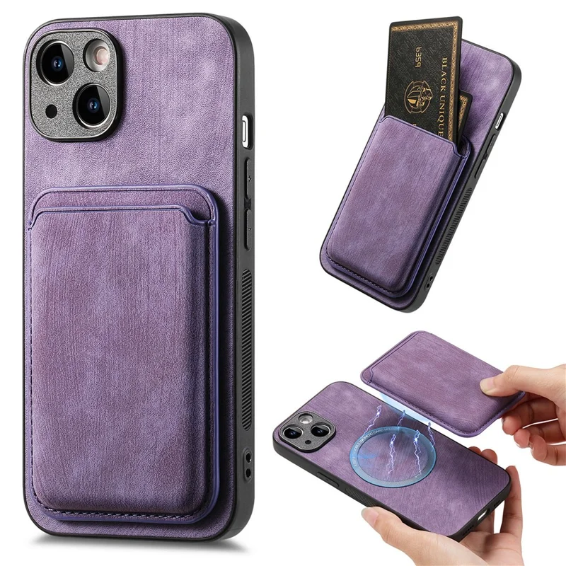 For iPhone 14 Case Compatible with MagSafe Leather Back Cover with Detachable Card Holder - Purple