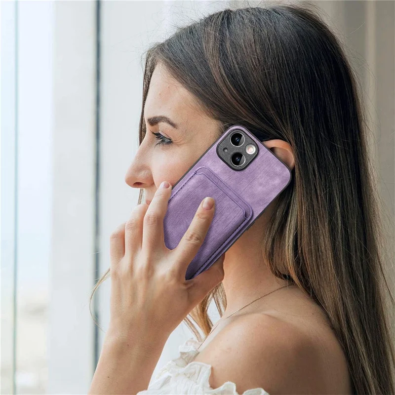 For iPhone 14 Case Compatible with MagSafe Leather Back Cover with Detachable Card Holder - Purple