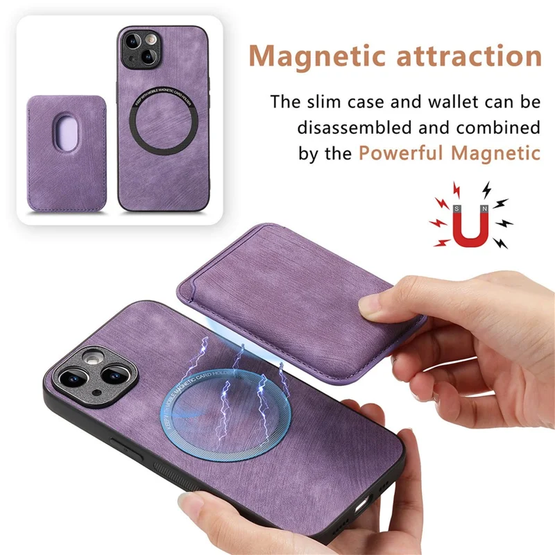 For iPhone 14 Case Compatible with MagSafe Leather Back Cover with Detachable Card Holder - Purple
