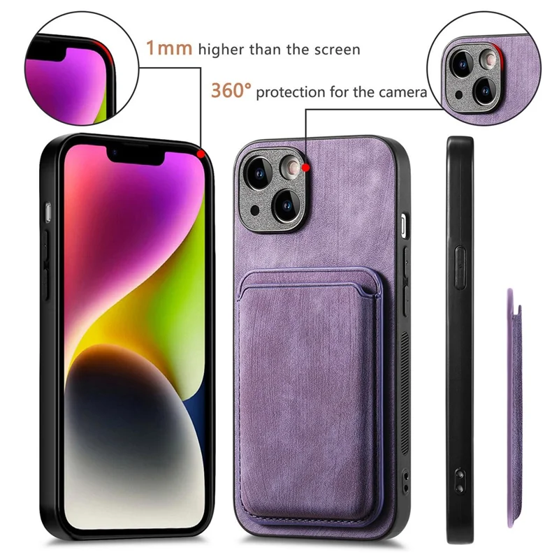 For iPhone 14 Case Compatible with MagSafe Leather Back Cover with Detachable Card Holder - Purple