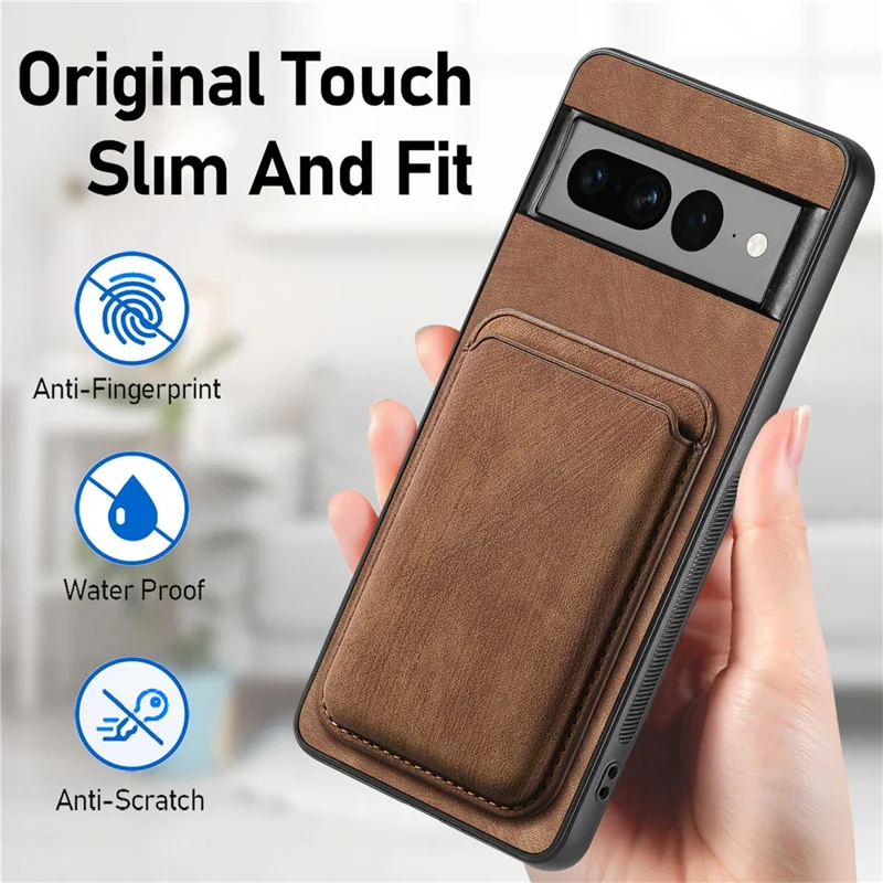 For Google Pixel 7 Pro 5G Magnetic Case Leather Back Cover with Detachable Card Holder - Brown