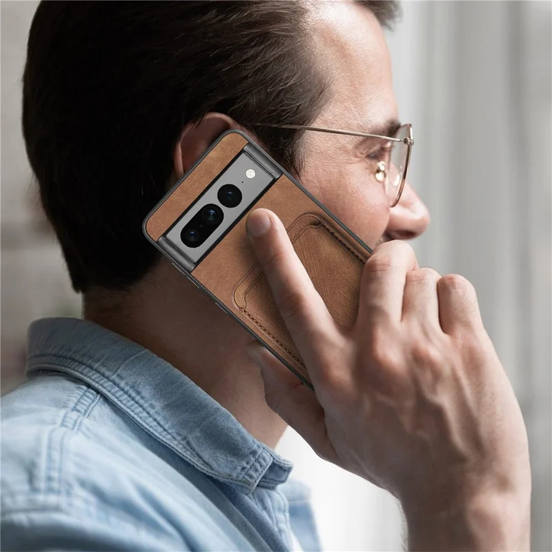 For Google Pixel 7 Pro 5G Magnetic Case Leather Back Cover with Detachable Card Holder - Brown