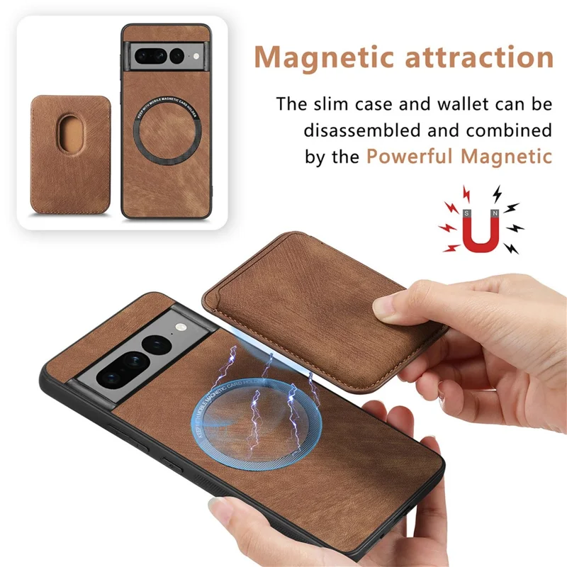 For Google Pixel 7 Pro 5G Magnetic Case Leather Back Cover with Detachable Card Holder - Brown