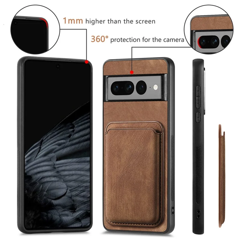 For Google Pixel 7 Pro 5G Magnetic Case Leather Back Cover with Detachable Card Holder - Brown